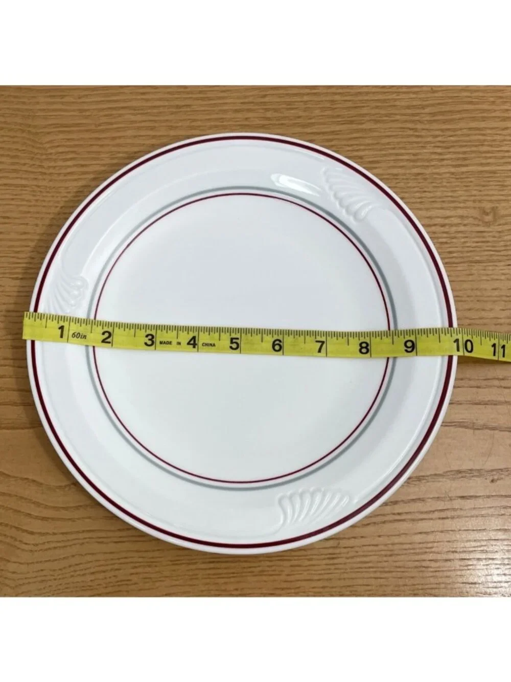 Vtg Corning Pyroceram Red Gray Bands 10-Inch Dinner Plate USA-Made Embossed
